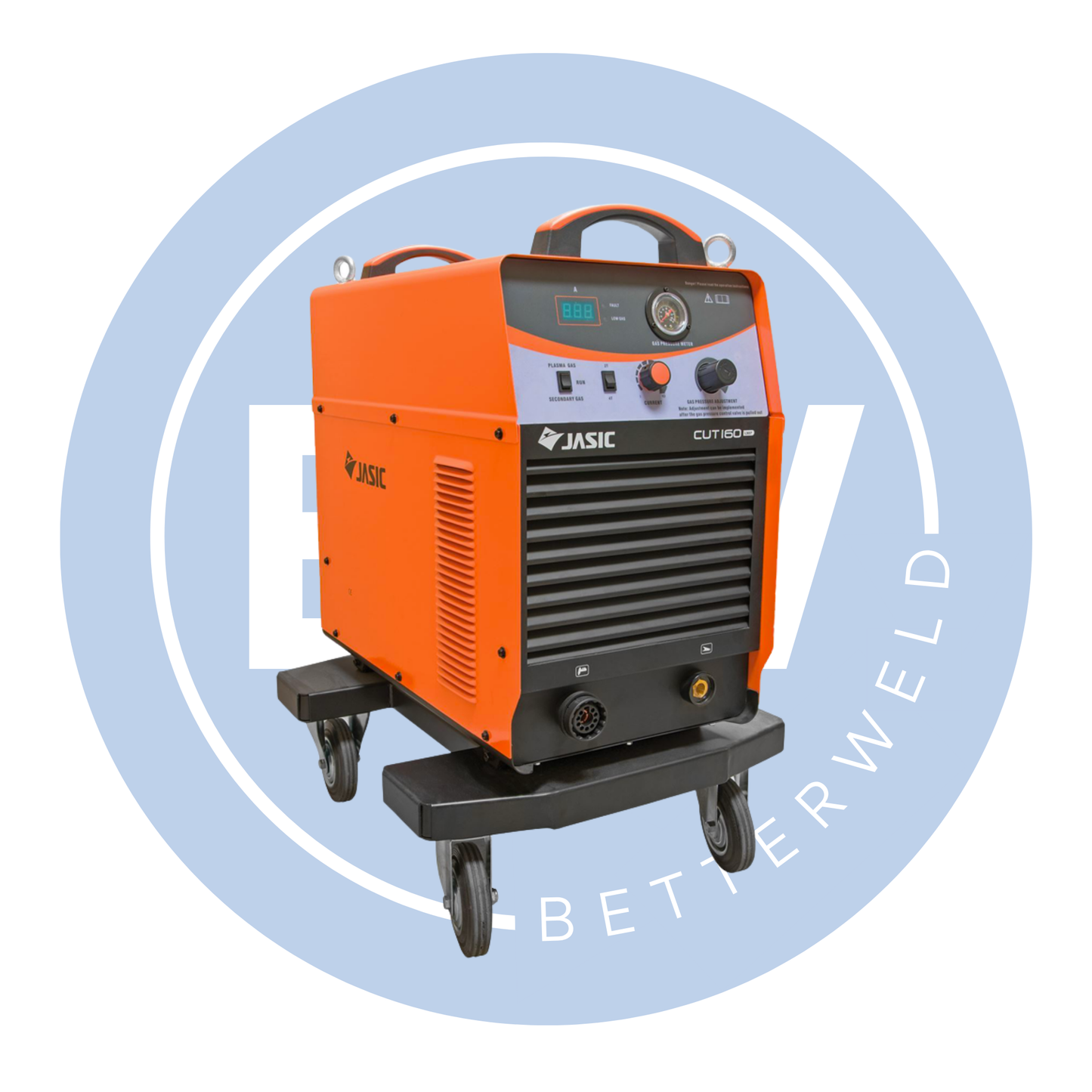 Orange and black welding machine with 'Jasic' branding on a light blue background