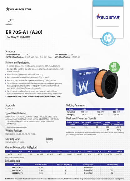 Weld Star A30 (ER 70S-A1) Wire [15kg Spool]